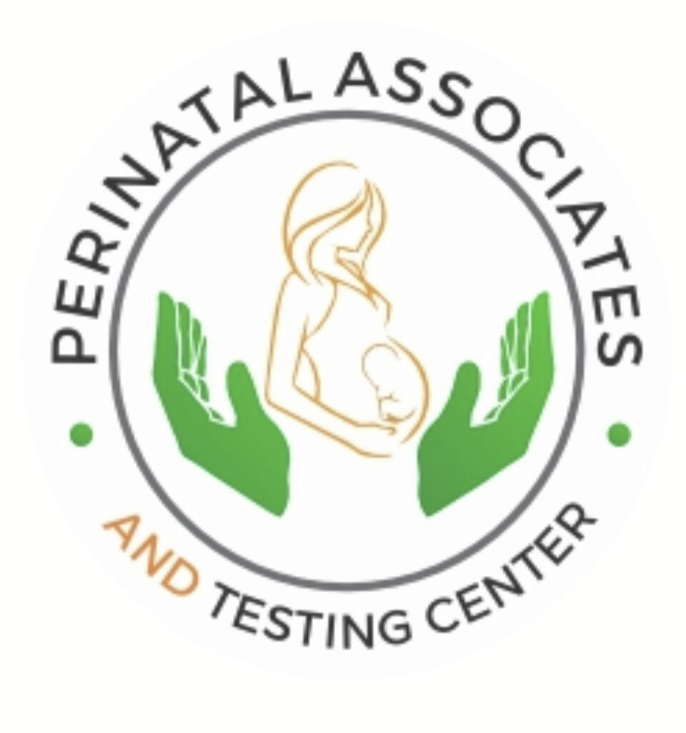 Brand logo of a pregnant person surrounded by green caring hands to care and protect the woman and the pregnancy. This is circled off with the name of the practice (perinatal Associates and testing center) written around the circle.